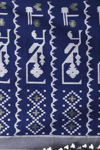 navy blue cotton blend saree with traditional woven patterns and tassel border