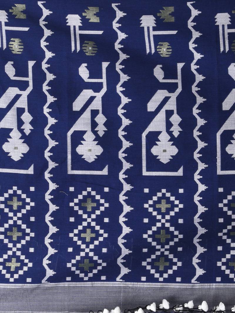 navy blue cotton blend saree with traditional woven patterns and tassel border