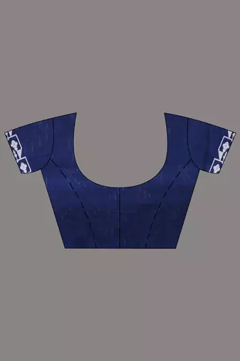 navy blue cotton blend saree with traditional woven patterns and tassel border