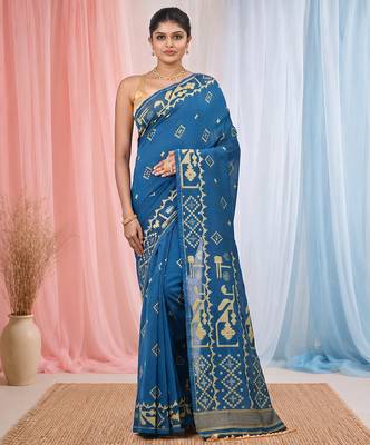 sapphire blue cotton blend saree with traditional woven patterns and tassel border 1
