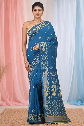 sapphire blue cotton blend saree with traditional woven patterns and tassel border