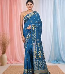 sapphire blue cotton blend saree with traditional woven patterns and tassel border