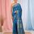 sapphire blue cotton blend saree with traditional woven patterns and tassel border