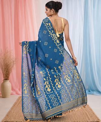 sapphire blue cotton blend saree with traditional woven patterns and tassel border 3