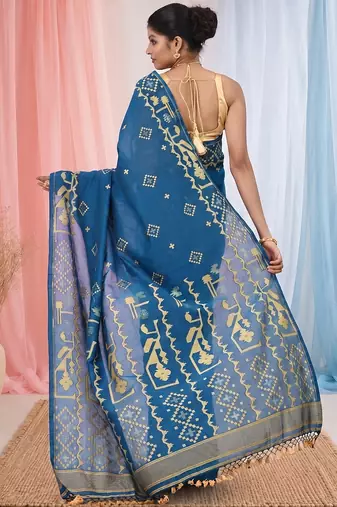 sapphire blue cotton blend saree with traditional woven patterns and tassel border