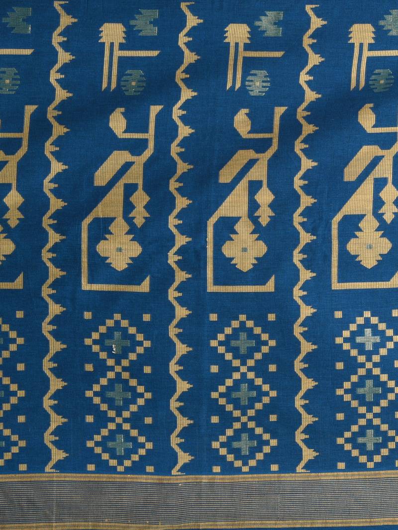 sapphire blue cotton blend saree with traditional woven patterns and tassel border