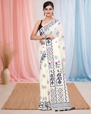 off white cotton blend saree with traditional woven patterns and tassel border 1