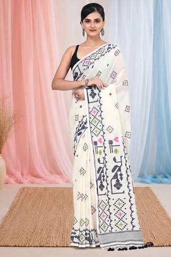 off white cotton blend saree with traditional woven patterns and tassel border