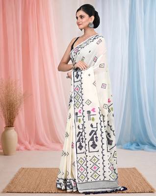 off white cotton blend saree with traditional woven patterns and tassel border 2