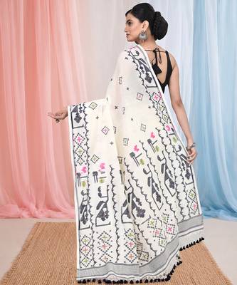 off white cotton blend saree with traditional woven patterns and tassel border 3
