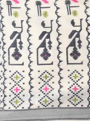 off white cotton blend saree with traditional woven patterns and tassel border 4