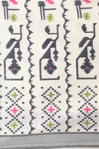 off white cotton blend saree with traditional woven patterns and tassel border