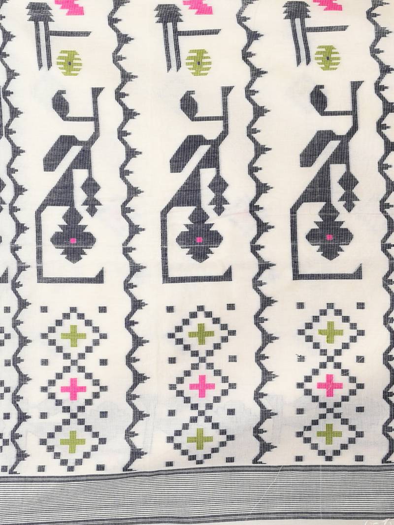 off white cotton blend saree with traditional woven patterns and tassel border