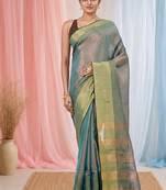 Elegant teal tissue saree with contrasting golden border