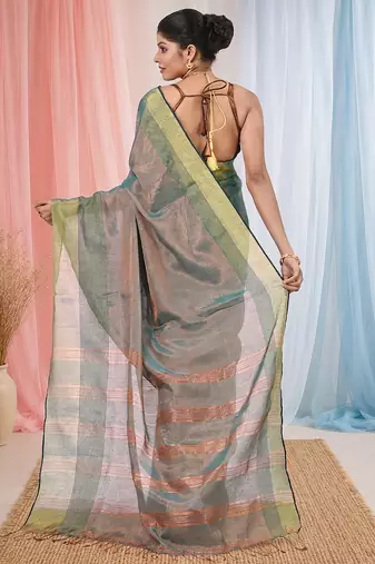 Elegant teal tissue saree with contrasting golden border