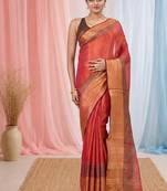 Elegant red tissue saree with contrasting golden border