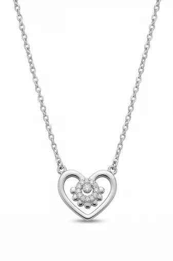 925 Sterling Silver Rhodium Plated  Open Heart Floral CZ Pendant Necklace  Set for Women
