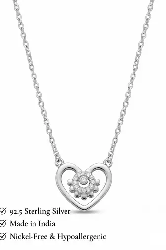 925 Sterling Silver Rhodium Plated  Open Heart Floral CZ Pendant Necklace  Set for Women