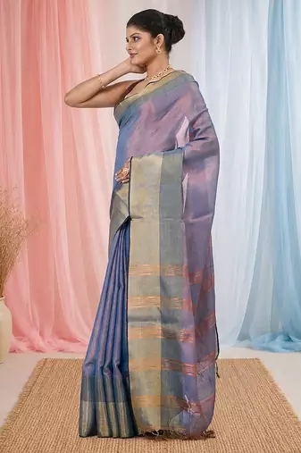 Elegant blue tissue saree with contrasting golden border