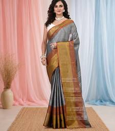 Elegant grey tissue saree with contrasting golden border