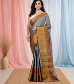 Elegant grey tissue saree with contrasting golden border