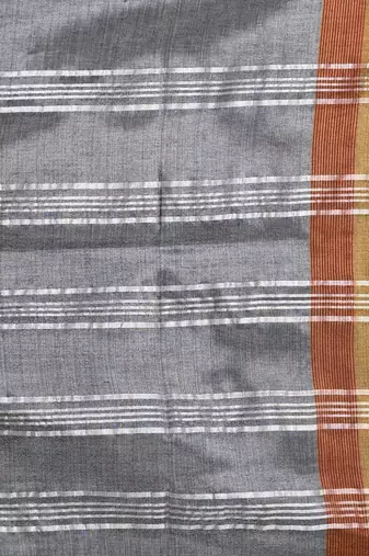 Elegant grey tissue saree with contrasting golden border