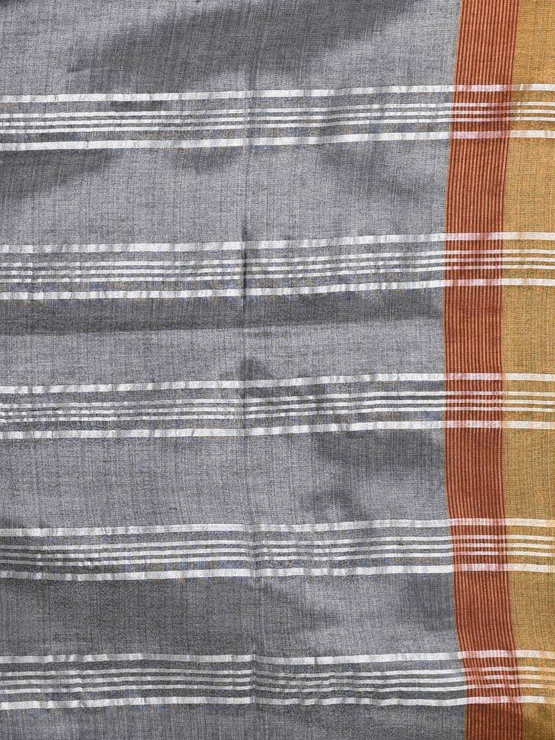 Elegant grey tissue saree with contrasting golden border