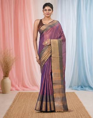 Elegant purple tissue saree with contrasting golden border 1