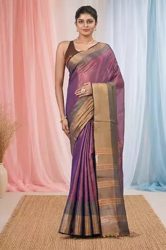 Elegant purple tissue saree with contrasting golden border