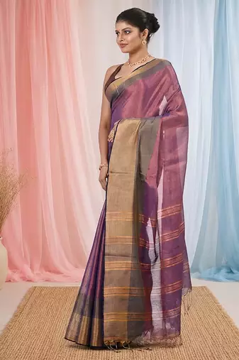 Elegant purple tissue saree with contrasting golden border