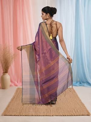 Elegant purple tissue saree with contrasting golden border 3