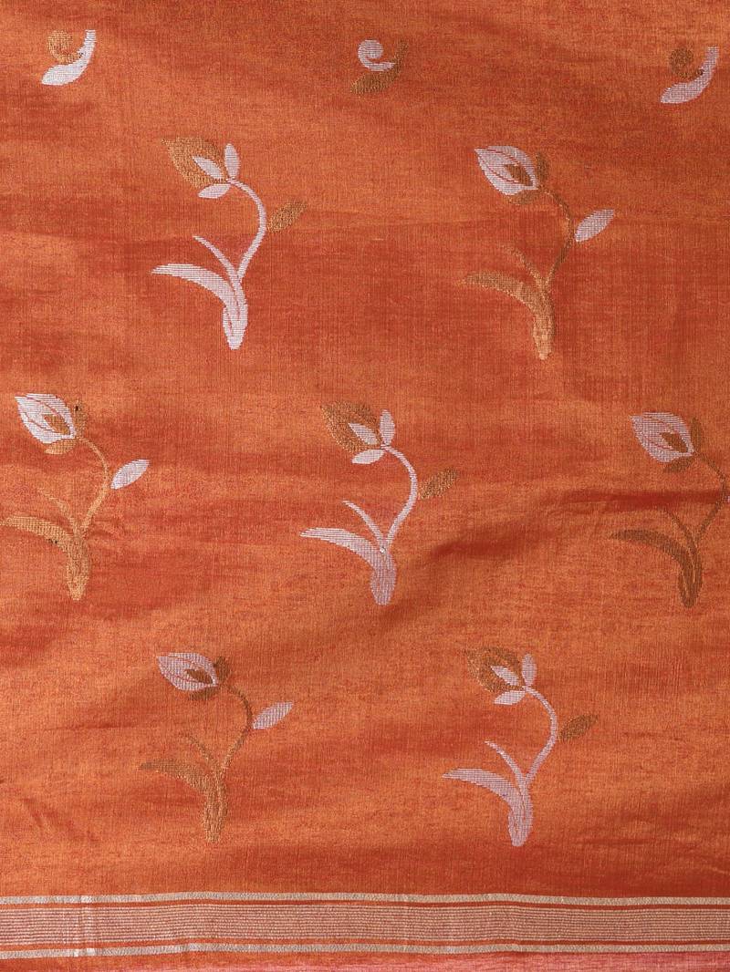 Orange tissue saree with ethnic motifs and golden border