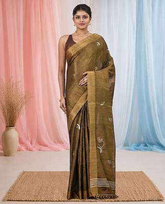 Metallic tissue saree with ethnic motifs and golden border 1