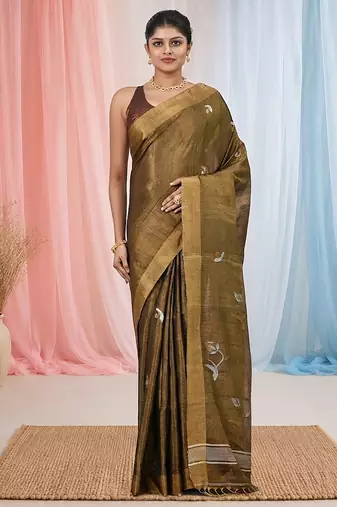 Metallic tissue saree with ethnic motifs and golden border