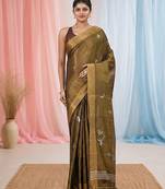 Metallic tissue saree with ethnic motifs and golden border