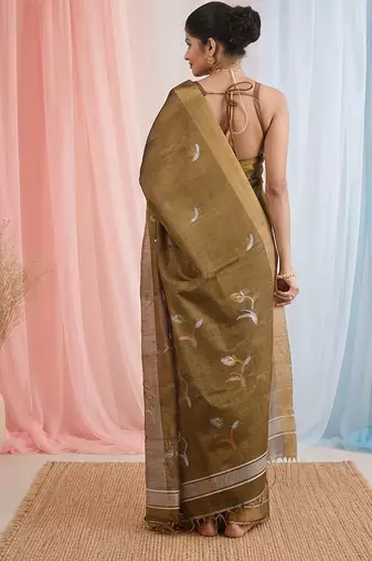 Metallic tissue saree with ethnic motifs and golden border