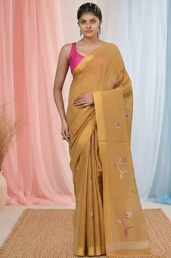 Beige tissue saree with ethnic motifs and golden border