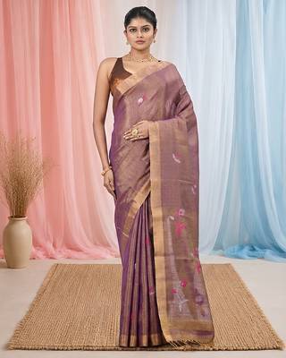 Purple tissue saree with ethnic motifs and golden border 1