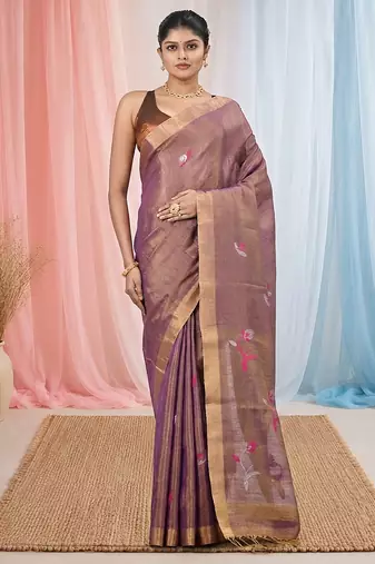 Purple tissue saree with ethnic motifs and golden border