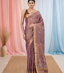 Purple tissue saree with ethnic motifs and golden border