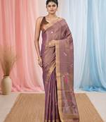 Purple tissue saree with ethnic motifs and golden border