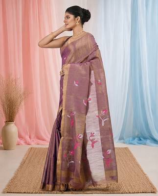 Purple tissue saree with ethnic motifs and golden border 2