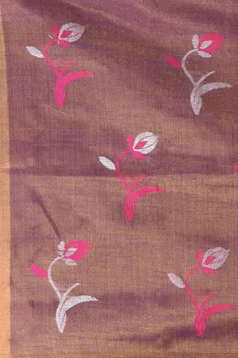 Purple tissue saree with ethnic motifs and golden border