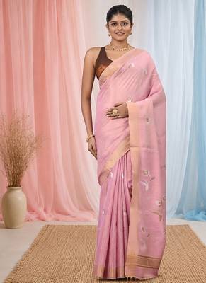 Baby pink tissue saree with ethnic motifs and golden border 1