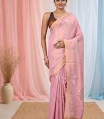 Baby pink tissue saree with ethnic motifs and golden border