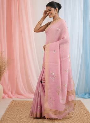 Baby pink tissue saree with ethnic motifs and golden border 2