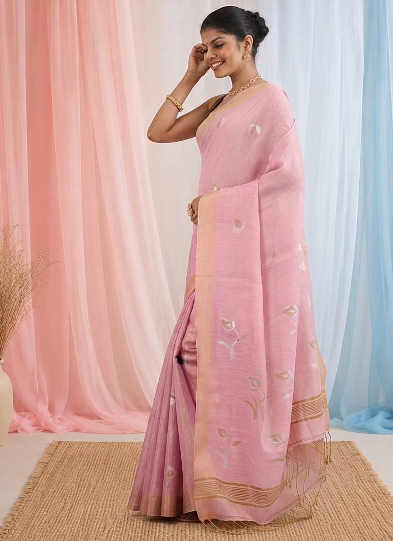 Baby pink tissue saree with ethnic motifs and golden border