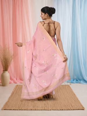 Baby pink tissue saree with ethnic motifs and golden border 3