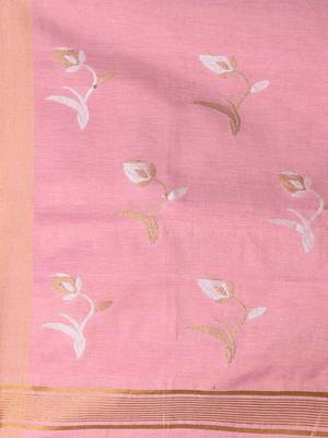 Baby pink tissue saree with ethnic motifs and golden border 4