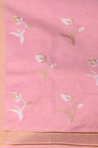 Baby pink tissue saree with ethnic motifs and golden border